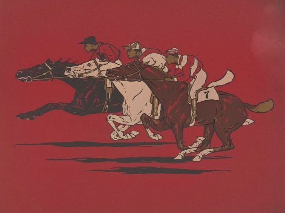 Illustration of three horseback riders racing on a red background