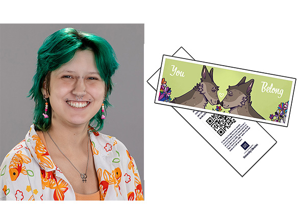 Portrait of Paige Newman next to her winning bookmark design showing two wolves nose to nose with the text "You Belong"