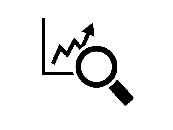Black and white graphic of a magnifying glass and graph, symbolizing the process of analyzing data.