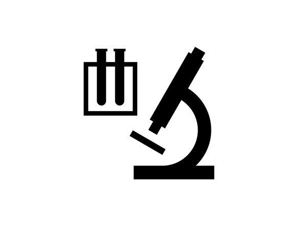Black and white graphic of a microscope and test tubes, symbolizing the process of collecting data in a lab.
