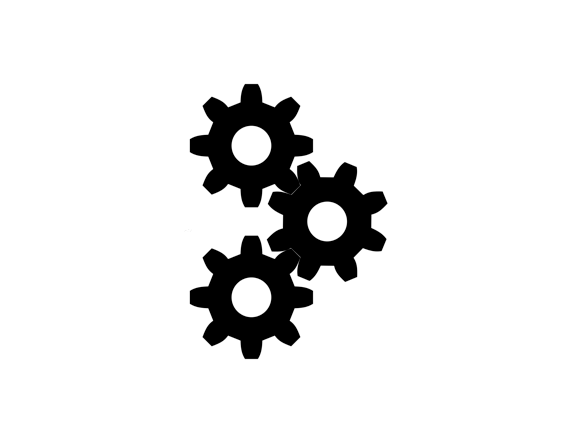 Black and white graphic of three gears, symbolizing the processing of data.