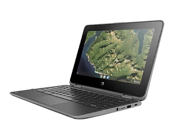 Black Chromebook laptop with black keyboard and green map on the screen