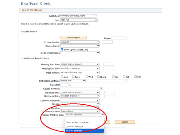 University of Nevada, Reno Class Search set to Fall 2025 and with the filter Course Attribute set to "Course fees" and the filter Course Attribute Value set to "No Cost Textbooks.