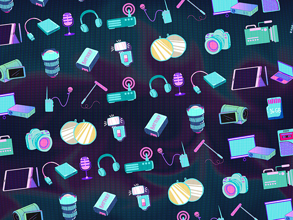 Seamless pattern of neon‑colored tech and media icons—cameras, headphones, microphones, laptops, cables, and memory cards—on a dark background.