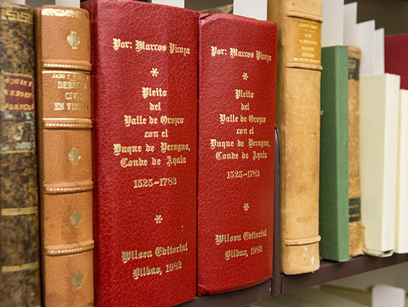 Close-up view of spines of books in the Knowledge Center.