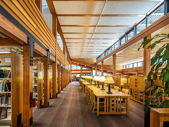 The interior of the Prim Library on a sunny day.