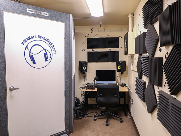 View of the DeLaMare audio room showing soundproofed walls and a computer station.