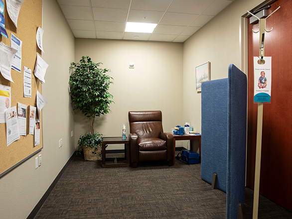 View of the lactation room showing a plush brown seat and a large plant.