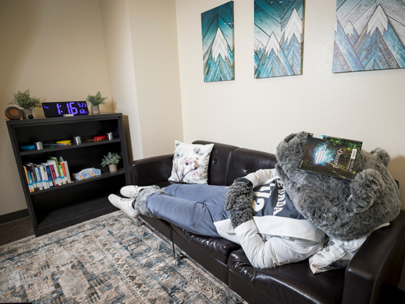 Mascot, Wolfie, laying on a couch in the Savitt wellness room.
