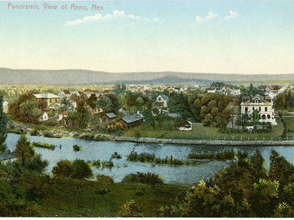 Postcard of Panoramic View of Reno, Nevada. View looking south with Riverside Hotel second from right. Published by Pacific Novelty Company, ca. 1905. Special Collections and University Archives Department, UNRS-P0500-6.
