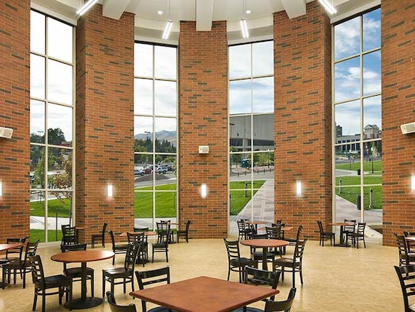 View of tables and chairs inside the Knowledge Center rotunda.