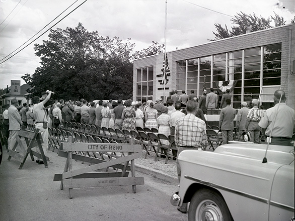 An image from RGJ showing a crowd that attended dedication ceremonies for Reno's newest post office in 1959. ID: NC1395_000055_8