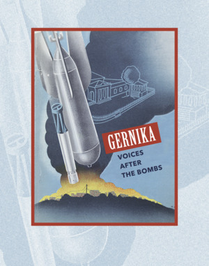 Gernika exhibit poster with stylized painting of bombs exploding on a blue background