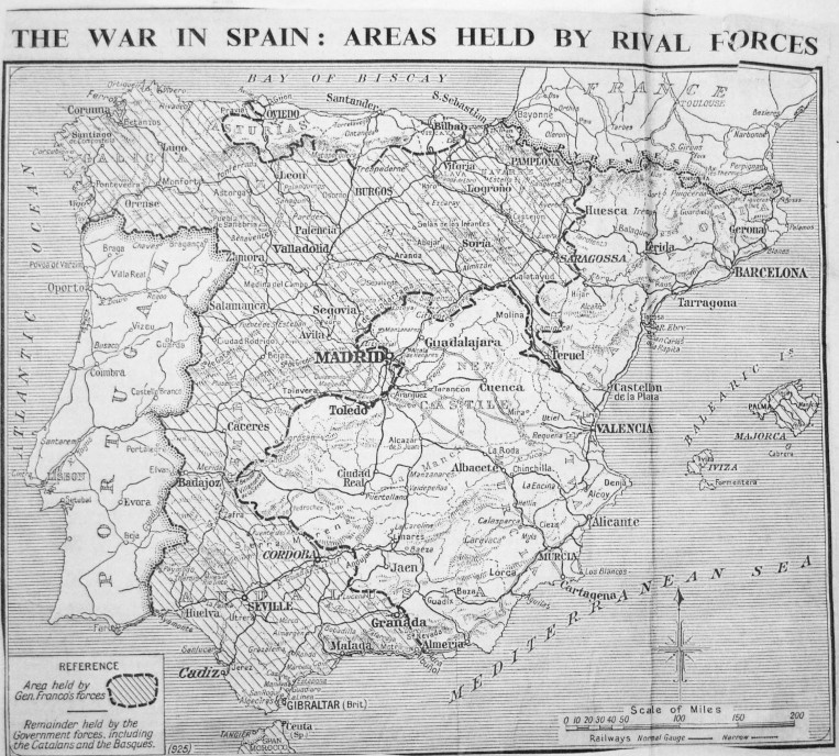 Map of Spain showing area controlled by the Spanish rebels in grey, which is a Western area from the Atlantic Ocean and Pamplona in the north past Madrid and to the Mediterranean Sea in the South.