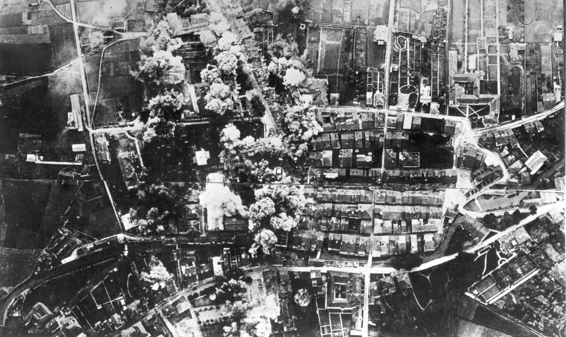 Black and white aerial view of the terror bombing of Durango