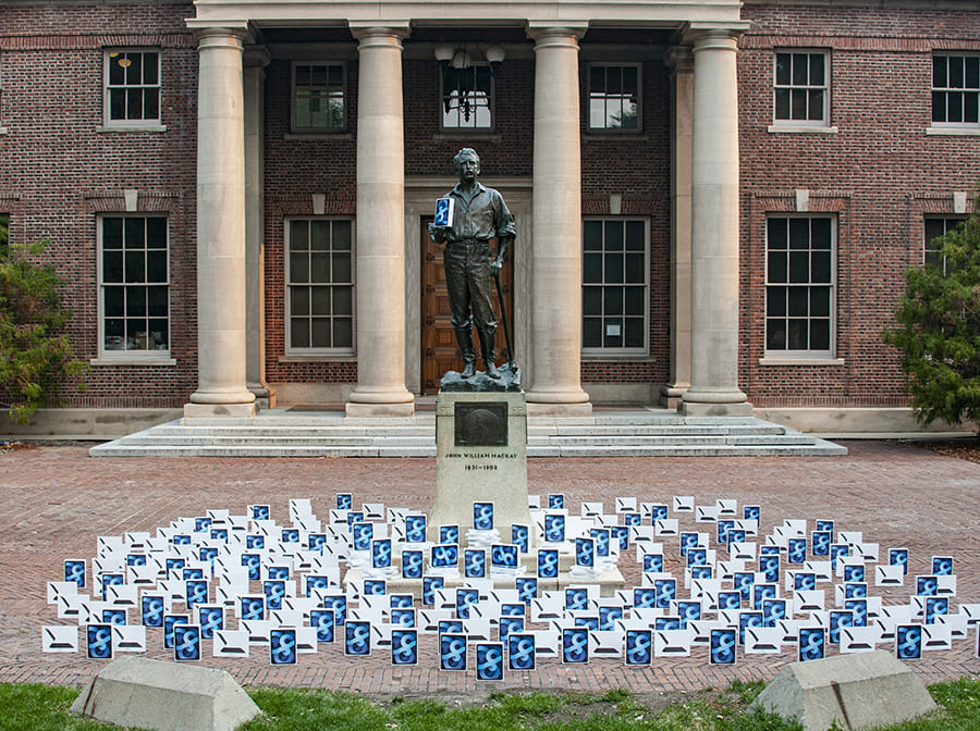 iPads in boxes set out by the Mackay statue.