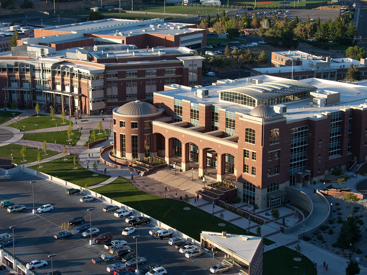The Joe Crowley Student Union and Mathewson-IGT Knowledge Center seen from above.