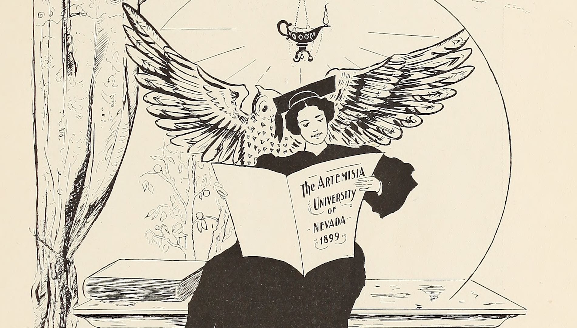 Faceplate from the 1899 edition of the Artemisia Yearbook, illustrated with a graduate and owl reading a copy of the yearbook. 
