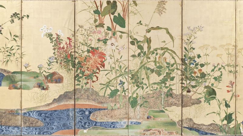 Flowers of Spring and Autumn - Japan, 19th century Paintings; screens Pair of six-panel screens; color and gold painting of flowers on paper