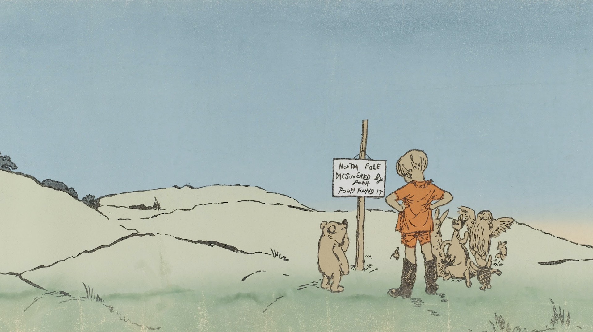 "Christopher Robin leads an expedition," E. H. Shepard (illustrator). Characters from the book gather around a sign that says: "North Pole, Discovered by Pooh, Pooh found It."