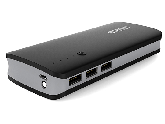 Black and silver oblong power bank with usb outputs and input