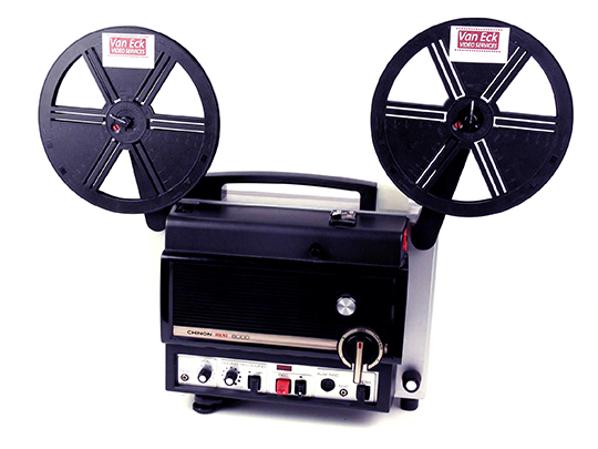 Film Projector with old-timey 8 mm film reels and analog controls