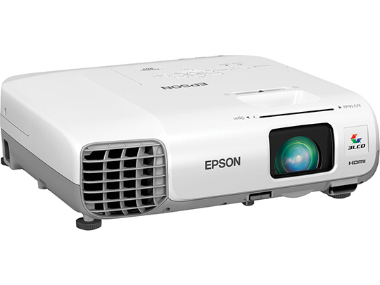 White square Epson Powerlite projector with lens