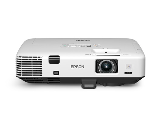White Epson Projector viewed from the front with a lens and grill for a cooling fan