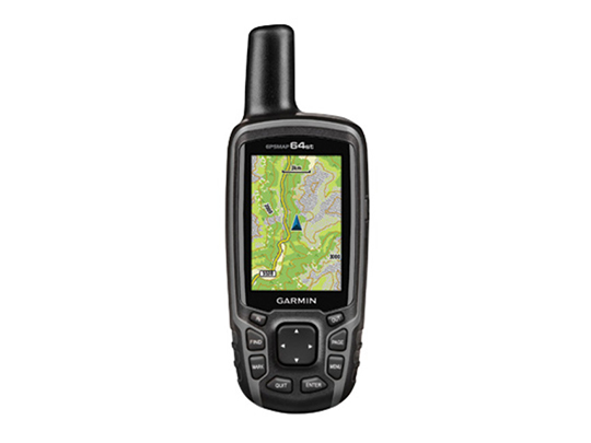 Black Garmin GPS with a green map on a viewing screen