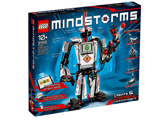 Blue Lego Mindstorms box with a grey and black robot holding a weapon