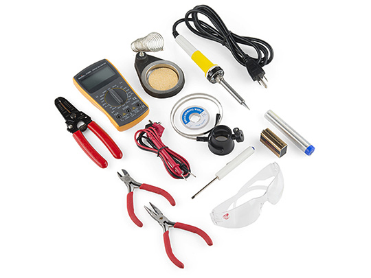 Tool Set with various pliers, cords, soldering devices, safety glasses, and screw drivers