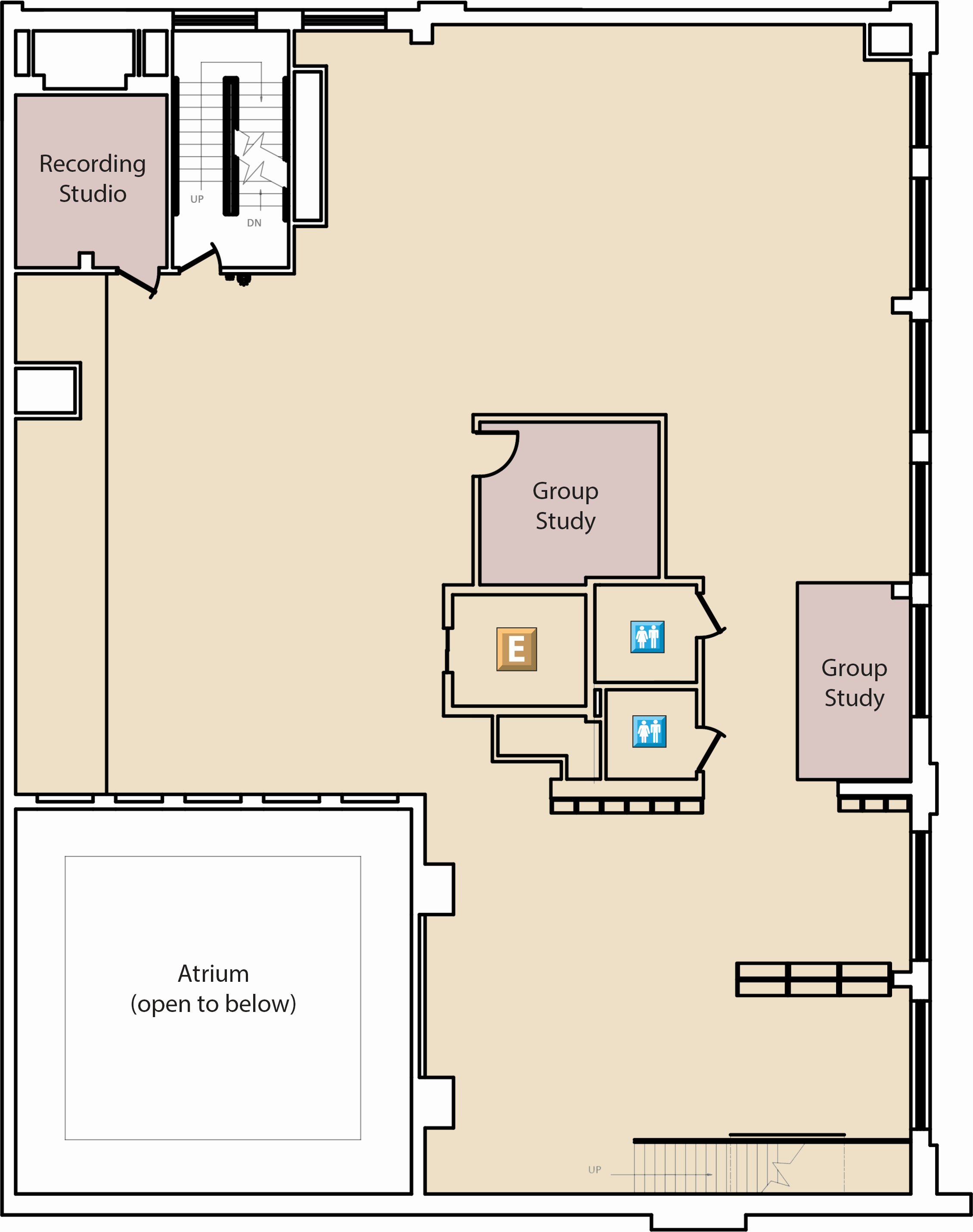 The Second Floor map is a map of the DeLaMare Library at the University of Nevada, Reno main campus showing all of the rooms and features of the Second Floor of the DeLaMare Library.  Getting to the second floor of the DeLaMare Library The second floor of the DeLaMare Library includes an entrance facing north. There is an elevator in the middle of the basement and first-floor area and a set of stairs on the north end that lead to the upper floors of the DeLaMare Library.  Features of the Second Floor The second floor includes Recording Studio room to the west of the north staircase entrance.  There are two Group study rooms; one is located towards the center and the other towards the east of the group study room located in the center.  Also located in the center of the second-floor are two gendered restrooms. Directly west of the bathrooms is a public elevator.  The Atrium is open to below (first floor) and is southwest of the second floor.  On the south end of the second-floor, there is an alternative staircase that leads up to the third floor.