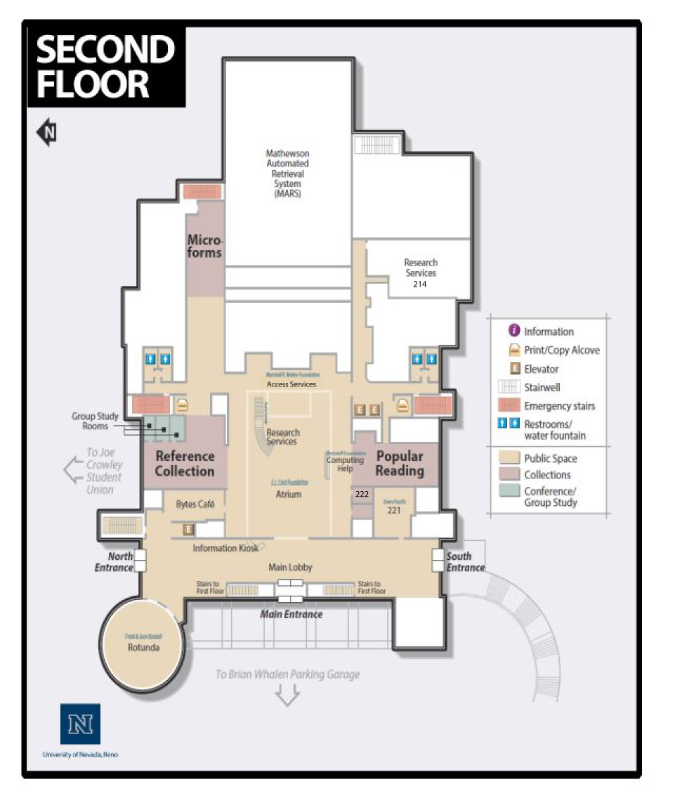 The Second Floor map is a map of the Knowledge Center at the University of Nevada, Reno main campus showing all of the rooms and features of the Second Floor of the Knowledge Center.  The map legend includes: Information Print/Copy Alcoves Elevators Stairwells Emergency Stairs Restrooms/Water Fountains Public Space Collections Conference/Group Study Getting to the Second Floor of the Knowledge Center The Second Floor of the Knowledge Center includes an outside main entrance facing west that leads to the Whalen Parking Garage, a north entrance that leads to the Joe Crowley Student Union, and a south entrance that has stairs to the First Floor. There is an elevator and a set of stairs in the northwest corner that leads to the First Floor or the Basque Library, a set of stairs on either side of the main entrance that lead to the First Floor, and a bank of elevators in the southeast corner that lead to the upper floors of the Knowledge Center.  Features of the Second Floor The Second Floor includes the Rotunda near the west entrance, an information desk, and a Main Lobby with stairs to the First Floor. Bytes Cafe is near the north entrance of the Main Lobby, and the Knowledge Nook (room 221), is near the south entrance.  East through the main lobby is the Atrium, with room 222, computing help and popular reading on the south side of the floor, and the reference collection and group study rooms on the north side. A Research Services desk is directly to the north, next to the stairs to the upper floors of the Knowledge Center. The Access Services department is on the east side of the floor.  Further east past Access Services are gendered restrooms and the Microform Collection, with access to the Mathewson Automated Retrieval System or MARS (for staff only), a print/copy alcove and emergency stairs.  West past Access Services are gendered restrooms and a print/copy alcove, emergency stairs, and down the hall to the east is the Research Services department (room 214).