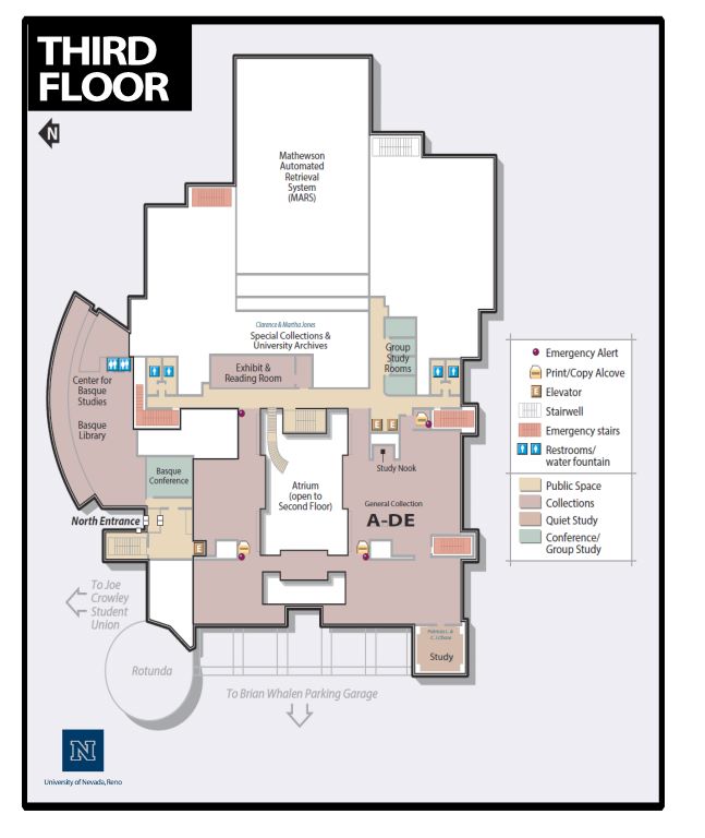 The Third Floor map is a map of the Knowledge Center at the University of Nevada, Reno main campus showing all of the rooms and features of the Third Floor of the Knowledge Center.  The map legend includes: Emergency Alert Print/Copy Alcoves Elevators Stairwells Emergency Stairs Restrooms/Water Fountains Public Space Collections Quiet Study Conference/Group Study Getting to the Third Floor of the Knowledge Center - Main Library The Third Floor of the Knowledge Center Main Library includes stairs that lead up from the First Floor Atrium on the east end of the floor, near the Special Collections and University Archives department. There is a space in the center of the floor that is open to the Atrium below. Elevators leading to the upper and lower floors of the library are near the southeast end of the floor.  Features of the Third Floor Main Library The Third Floor includes the General Collection A through DE to the south, with a study nook, print/copy alcove, and emergency alert button. A Tower Quiet Study area is on the southeast corner of the floor, near another print/copy station and emergency alert button. Two sets of emergency stairs are on the far south side of the floor.  To the north is a large study area with a print/copy alcove and two emergency alert buttons.  On the east side of the floor, directly east of the stairs, is the Exhibit and Reading Room and Special Collections and University Archives department. There is access to the Mathewson Automated Retrieval System, or MARS, for staff only. Down the hall to the north are gendered restrooms and emergency stairs. To the south are group study rooms, gendered restrooms, and emergency stairs.  Getting to the Third Floor of the Knowledge Center - Basque Library and Center for Basque Studies The Third Floor - Basque Library and Center for Basque Studies - includes stairs and an elevator that lead up from the main lobby on the north side of the Knowledge Center. The Basque Library is only accessible via the north entrance stairs or elevator.  Features of the Third Floor - Basque Library and Center for Basque Studies The Third Floor - Basque Library and Center for Basque Studies - includes a conference room directly to the east past the entrance. A hallway past the conference room leads to the Basque Library and Center for Basque Studies to the northeast, with gendered restrooms in the southeast corner of the Center for Basque Studies.