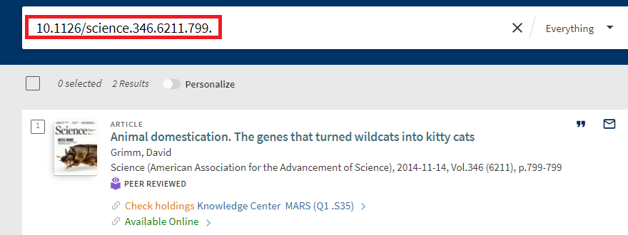 Screenshot of a search for an article using the DOI. The DOI appears in the search box and is highlighted in yellow. The successful search result is located underneath the search box.