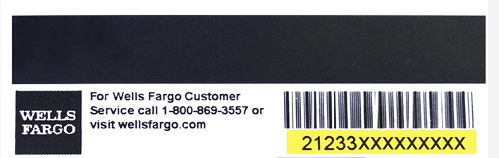 Screenshot of a library account number on the back of a Wolf Card. The account number is highlighted in yellow and is found under the barcode. There is also a black square with the words "WELLS FARGO" in white letters. The image also provides a Wells Fargo Customer Service phone number and URL.
