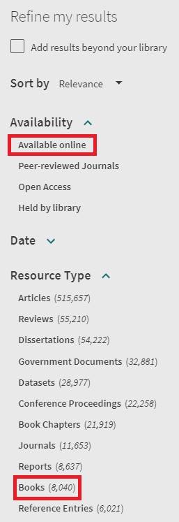 Screenshot of the "Refine Your Search" options in OneSearch. The filters "Full Text Online" and "Book/eBook" are enclosed in red rectangles to indicate their locations on the page. The "Full Text Online" and "Book/eBook" filters also have a green checkmark next to their names to indicate they have been selected.