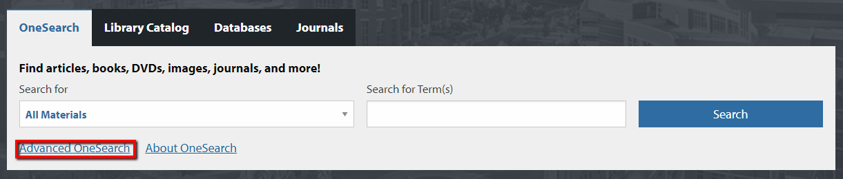 Screenshot of the "OneSearch" search box. "Advanced OneSearch" is enclosed in a red rectangle to show its location on the page. In addition to the "OneSearch" tab, there are also tabs for "Library Catalog," "Databases," and "Journals." There is also a blue button with the word "Search" in white letters inside the button.