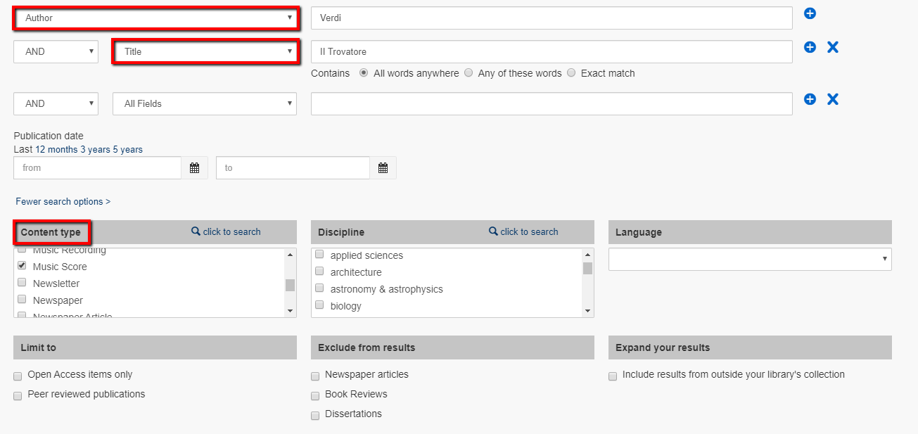 Screenshot of the "Advanced Search" page. The "Author" and "Title" search options are enclosed in red rectangles to indicate their location on the page. The "Content type" filter is enclosed in a red rectangle, and under that is a list of content types with a checkmark in the box before the "Music Score" content type. The page includes other filter options: "Discipline," "Language," "Limit to," "Exclude from results," and "Expand your results." There are also links titled "click to search" to the right of the "Content type" and "Discipline" filter boxes. Before the links are two blue "magnifying glass" icons.