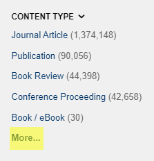 Screenshot of the "Content Type" filter box in OneSearch. The link "More…" is highlighted in yellow to indicate this is where you click if you want to see the entire list of Content Types.