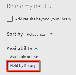  Screenshot of the Availability filter box in Library Search. Held by library is enclosed in a red rectangle to indicate its location.