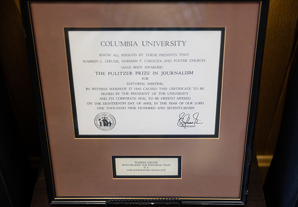 A framed Pulitzer Prize certificate awarded to Warren Lerude.