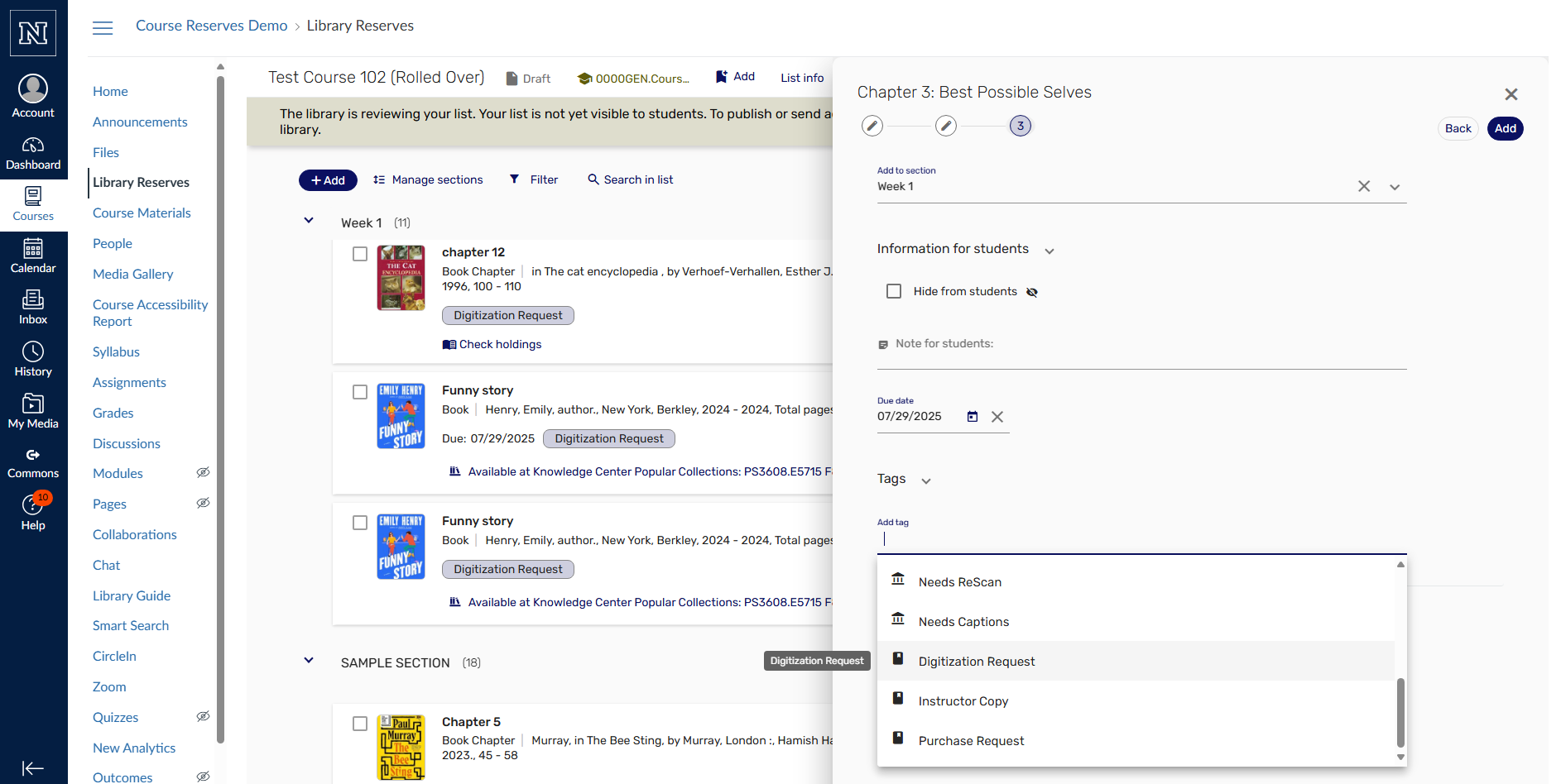 Screenshot from the course reserves system showing available fields to enter material information.