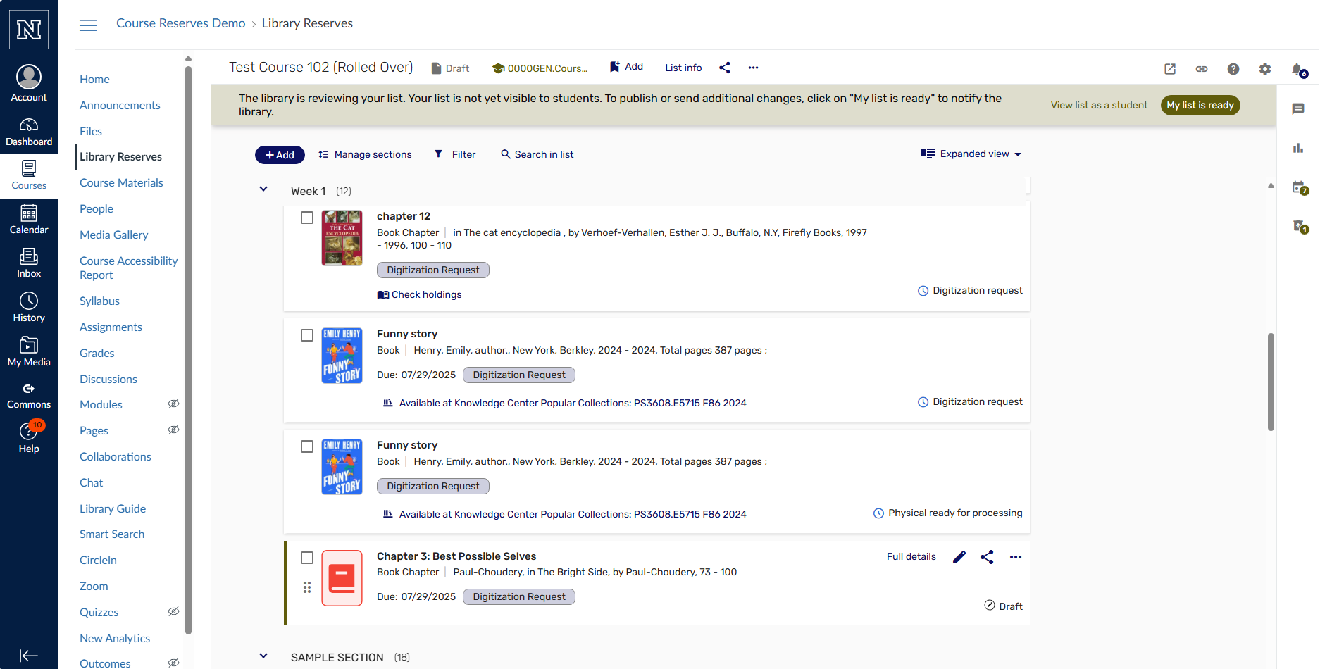 Screenshot from the course reserves system showing the option to submit list for review.