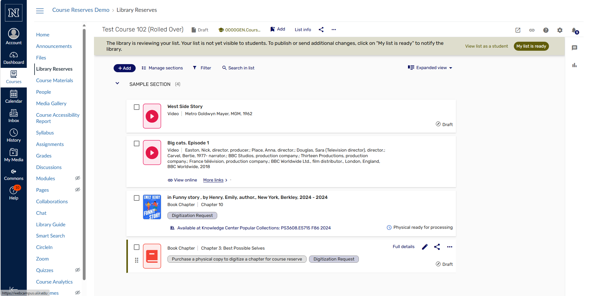 Screenshot from the course reserves system showing the option to submit your request.
