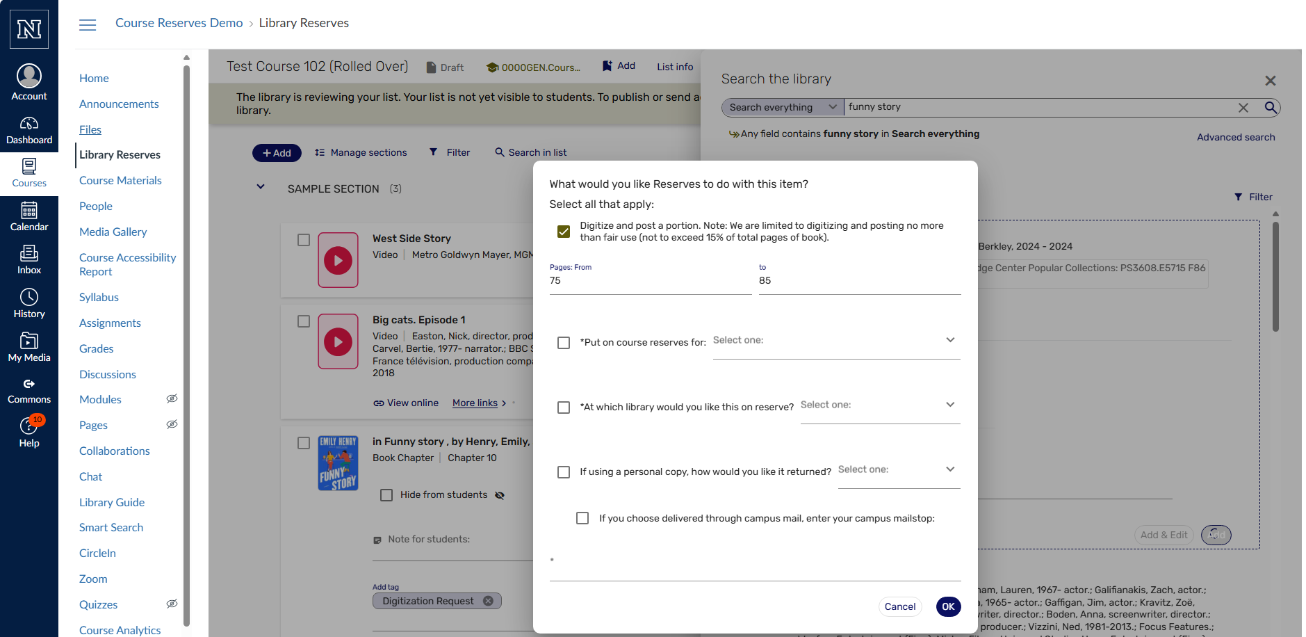 Screenshot from the course reserves system showing available fields to enter digitization information.