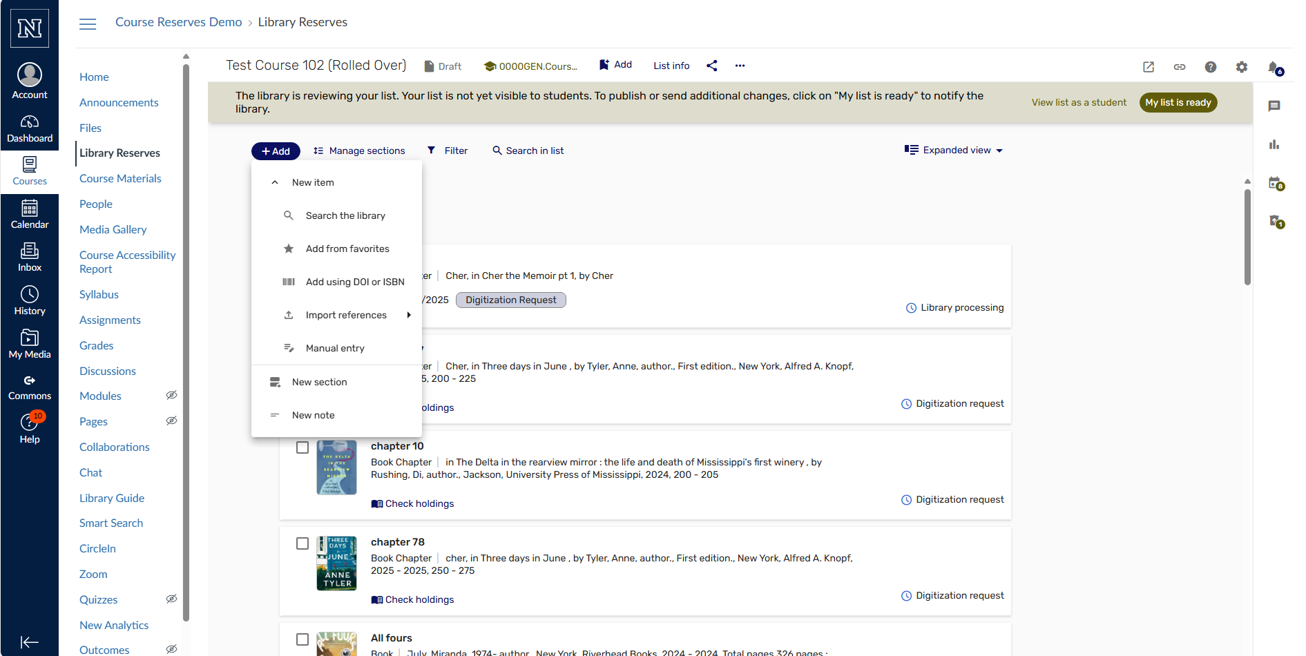 Screenshot from the course reserves system showing the "add" dropdown with various options.
