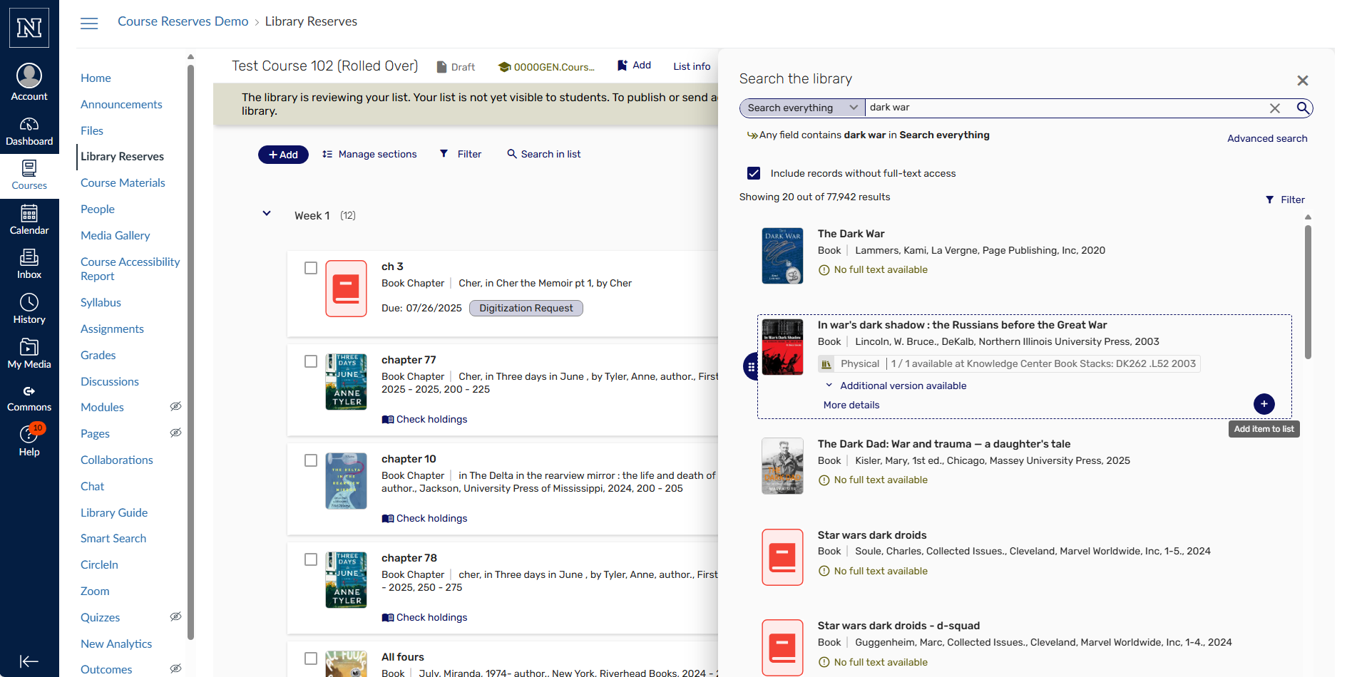 Screenshot from the course reserves system showing a search example..