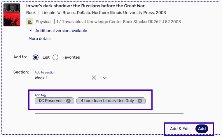 Screenshot from the course reserves system showing an example of a book that could be added to a list.