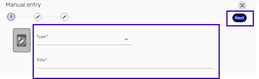 Screenshot from the course reserves system showing the first step of manual entry; adding the item type and title.